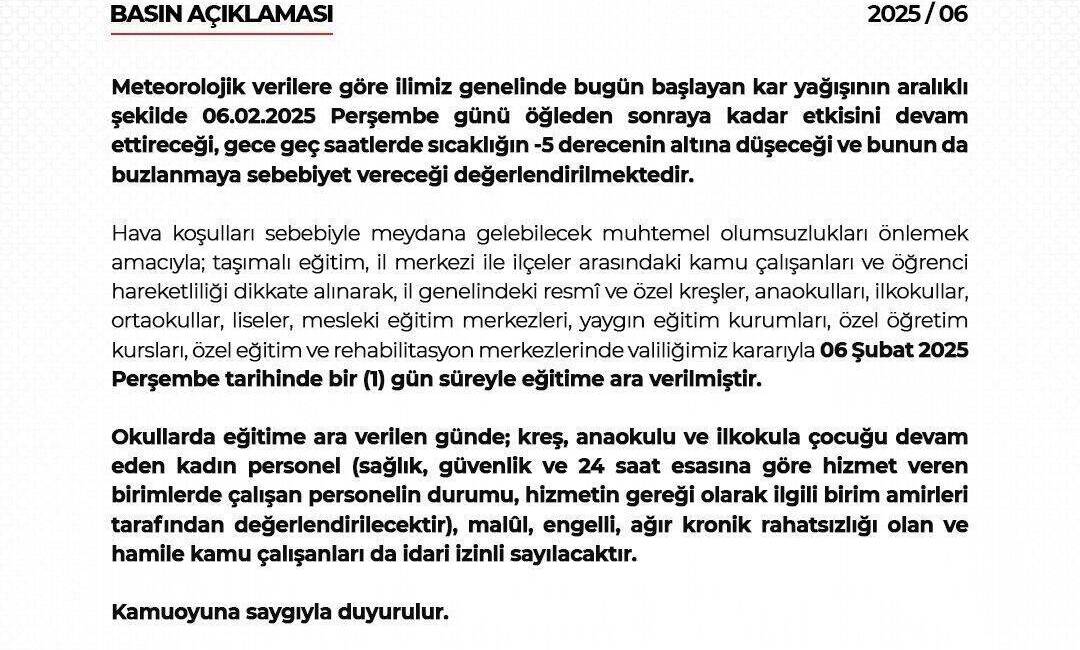 Niğde genelinde etkili olan olumsuz hava koşulları nedeniyle 6 Şubat