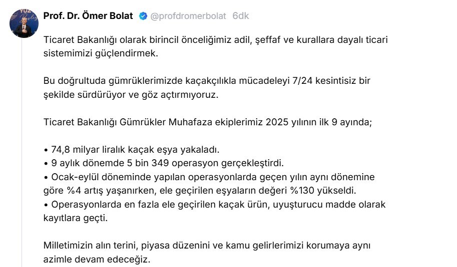 Ticaret Bakanı Ömer Bolat, Gümrükler Muhafaza ekiplerinin 2025'in ilk 9