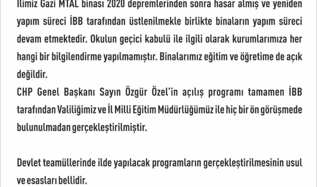 Elazığ Valiliği, CHP Genel Başkanı Özgür Özel'in açılışını yaptığı Gazi