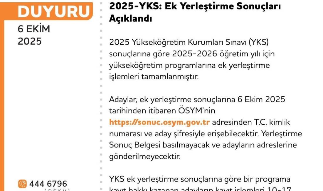 2025 Yükseköğretim Kurumları Sınavı (YKS) ek yerleştirme sonuçları Yükseköğretim Kurulu