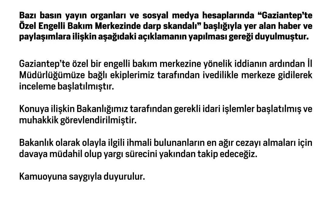 Aile ve Sosyal Hizmetler Bakanlığı, Gaziantep'teki Özel Engelli Bakım Merkezi'nde