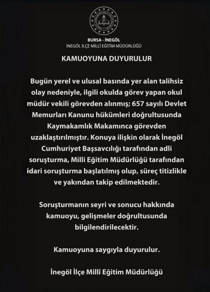 Bursa'nın İnegöl ilçesinde, bayrak töreninde öğrencisi Muhammed Emin K.'yi darbeden