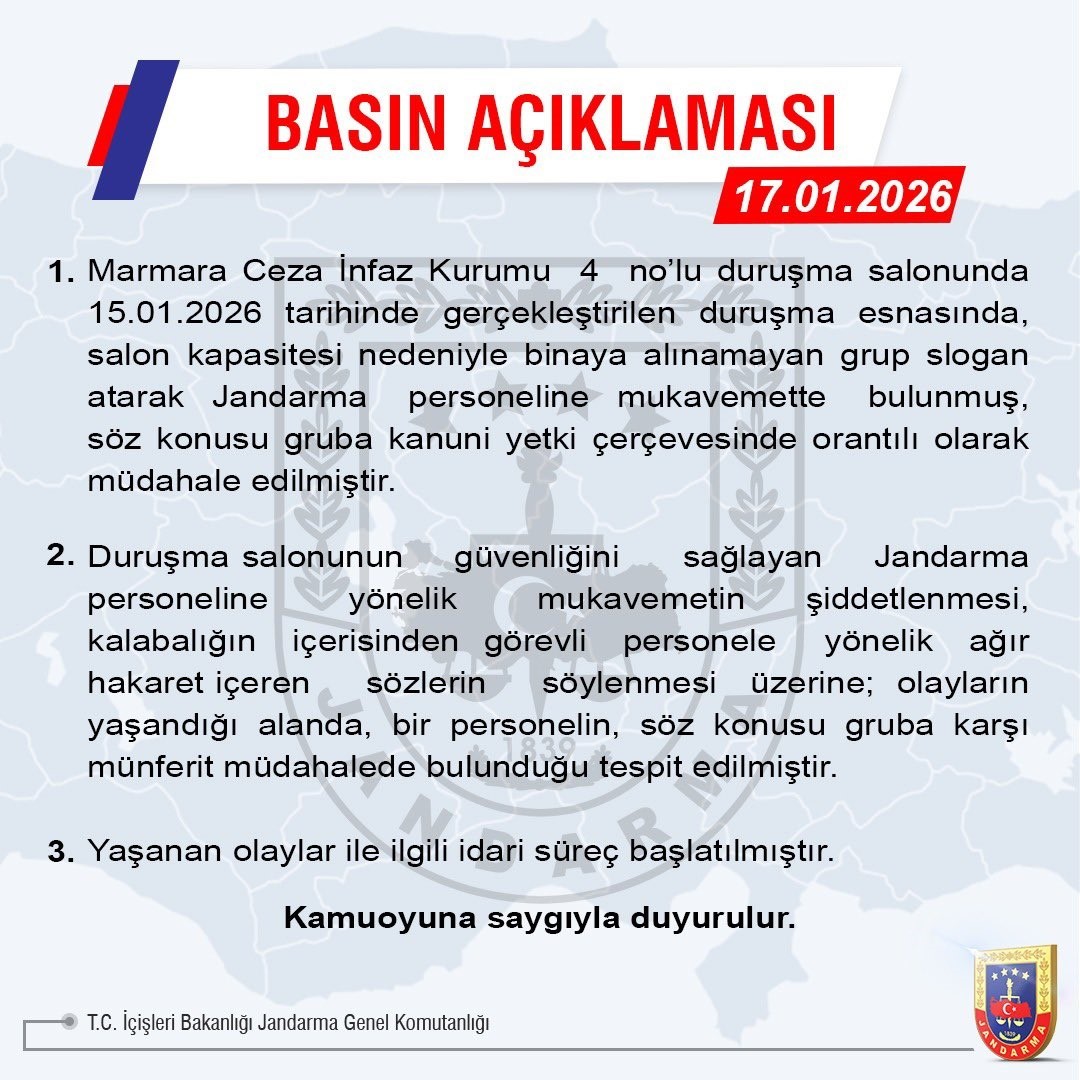 Jandarma Genel Komutanlığı, 15 Ocak'ta Marmara Ceza İnfaz Kurumu'nda duruşma