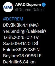 Balıkesir’in Sındırgı ilçesinde AFAD tarafından kaydedilen 4.1 büyüklüğündeki depremin derinliği
