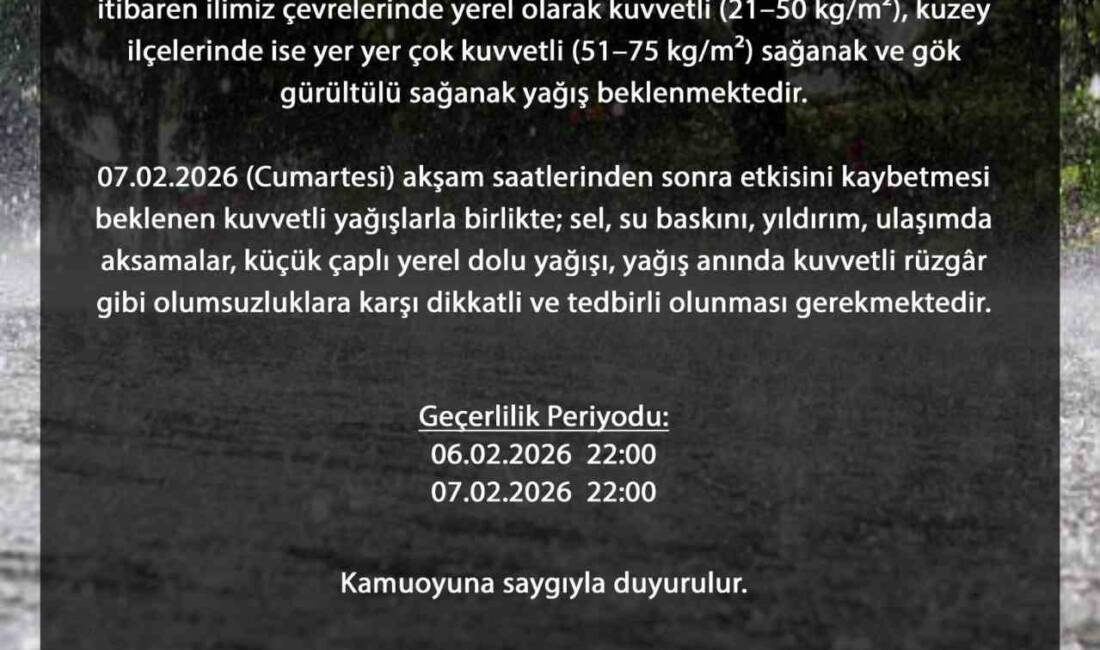 Bursa Valiliği, 6 Şubat akşamından itibaren beklenen kuvvetli sağanak ve